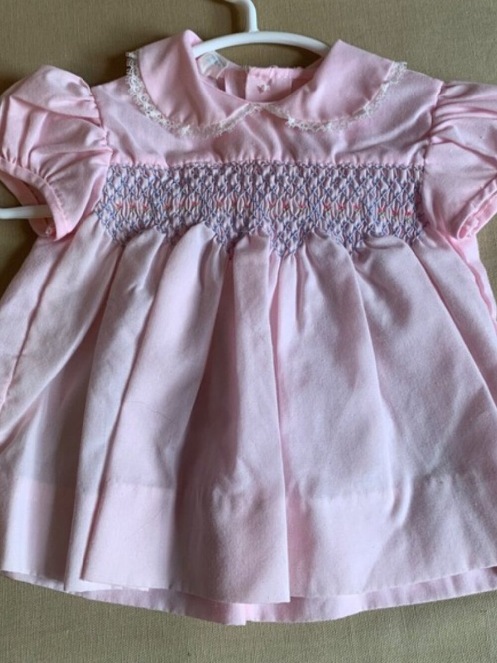 VTG 70s 80s Smocked Baby Dress 0–3 Month? Pink Puff Sleeve Peter Pan Collar Lace